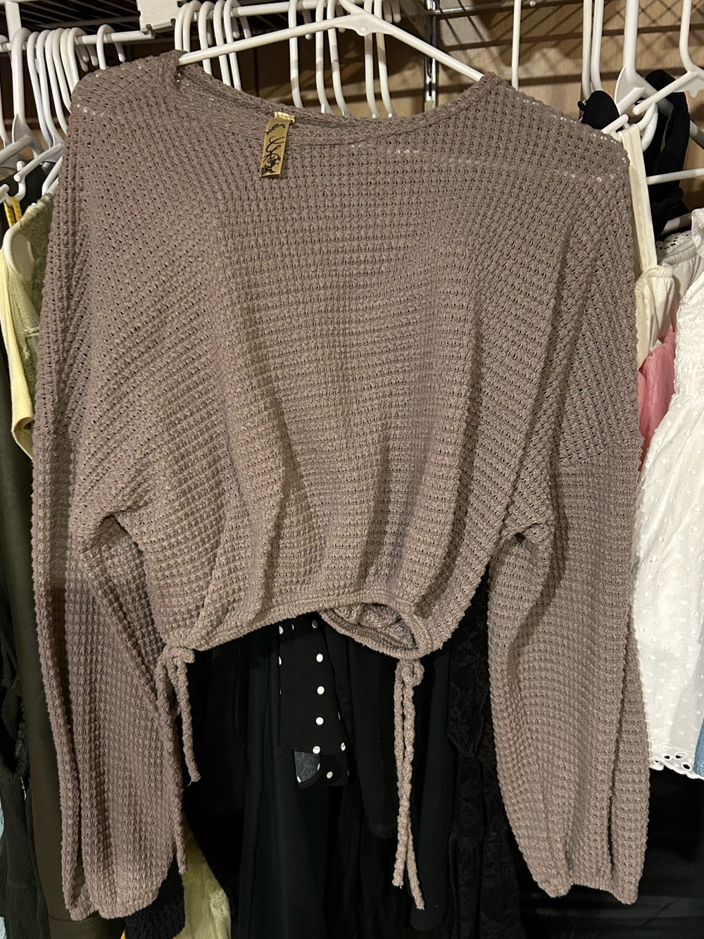 Waffle Knit Drawstring Cropped Sweater in Taupe